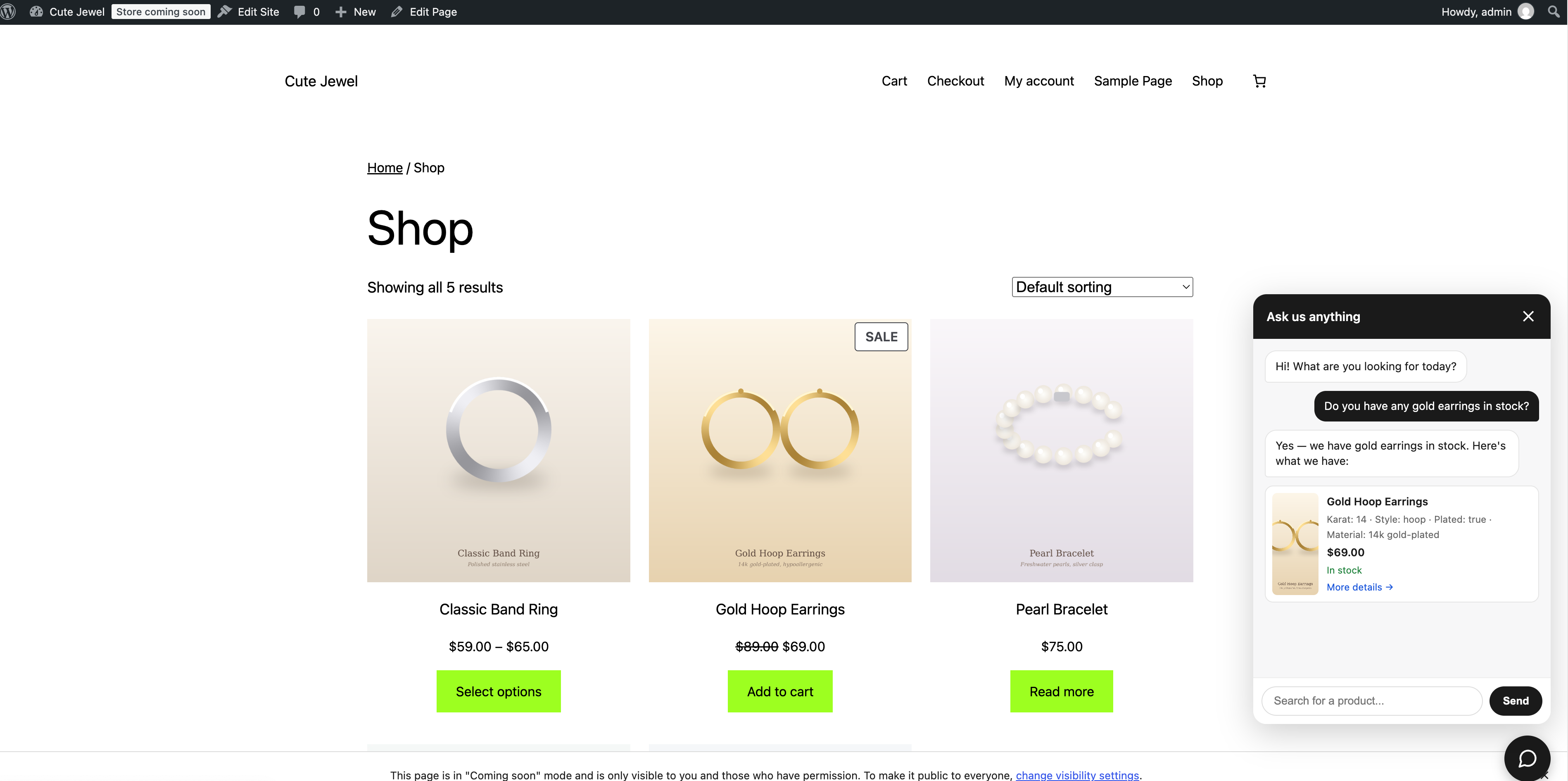 Kai chat widget answering a shopper's product question on a WooCommerce storefront