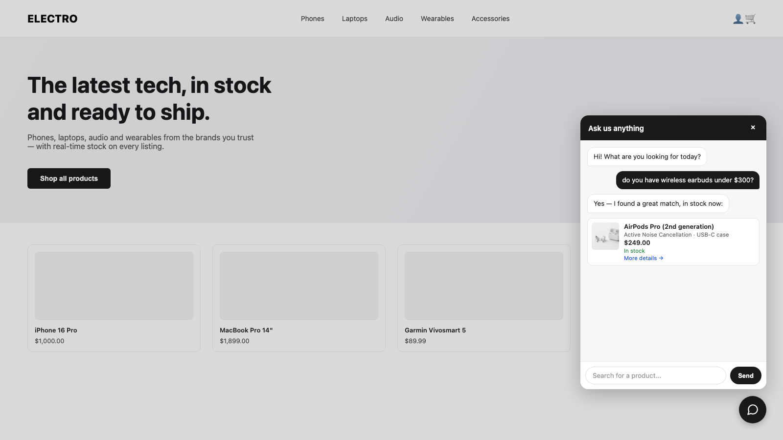 Kai chat widget answering a shopper's product question on a Shopify storefront